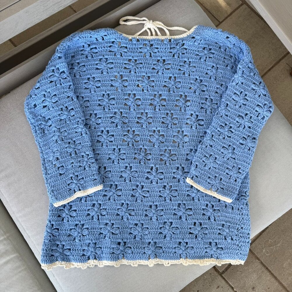 New Free People Crochet Knit Tunic Sweater Blue Floral XS
